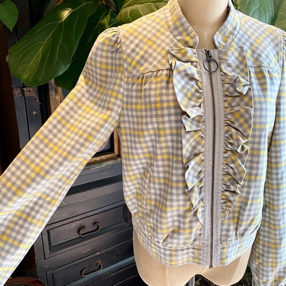 Anthropologie Idra Gingham Check Ruffled Lapel Zip Jacket. Bomber cut - Picture 7 of 13
